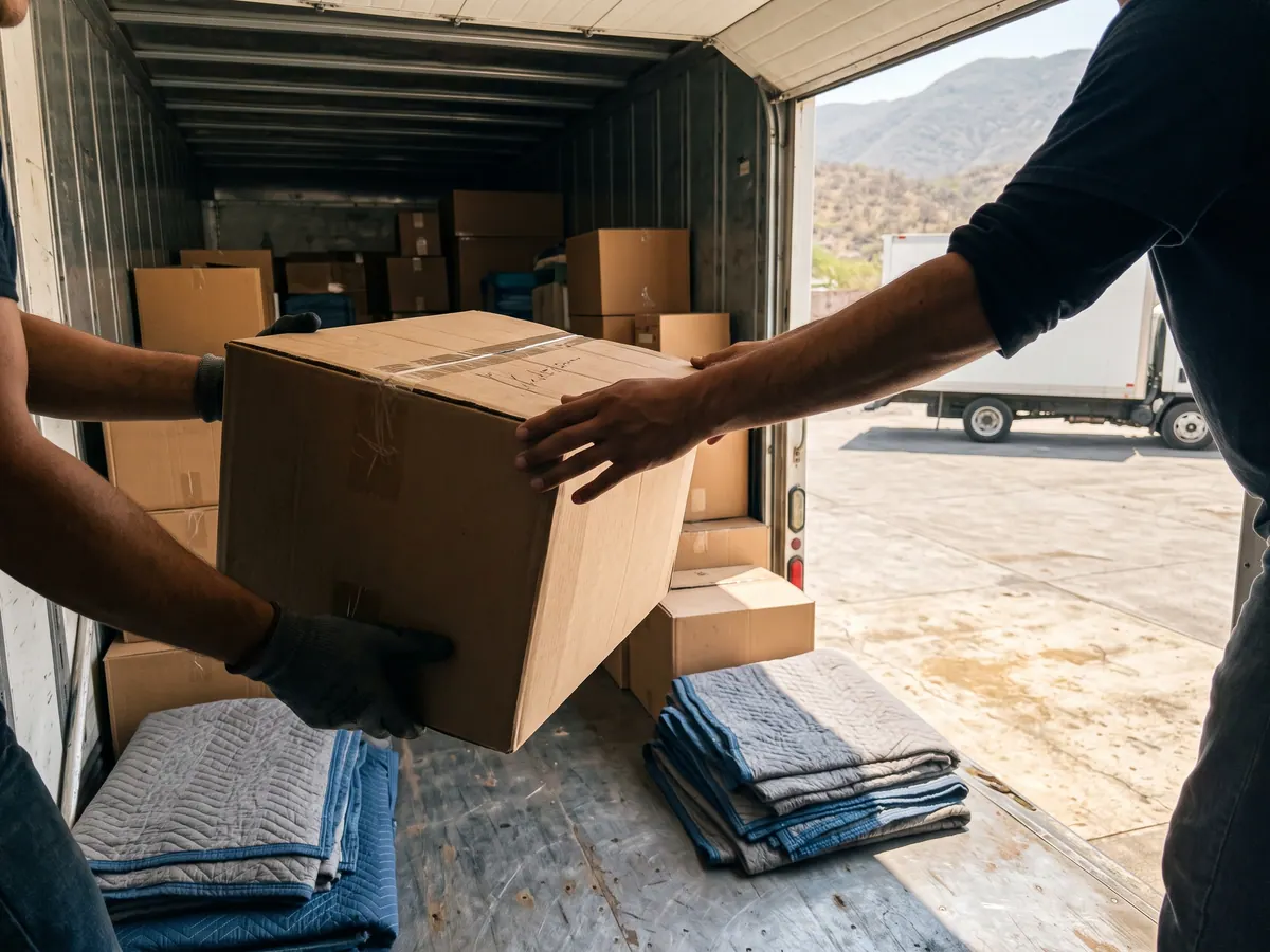 Dos trabajadores cargan cajas de mudanza en la caja de un camión, con los cerros de Monterrey al fondo